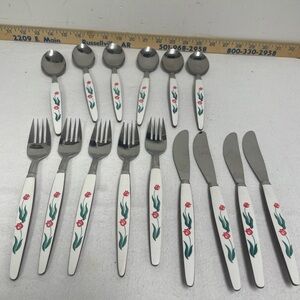 15 RARE Pink Tulip HOLLAND STAINLESS STEEL FLATWARE 6 SPOONS 5 FORKS + 4 KNIFE